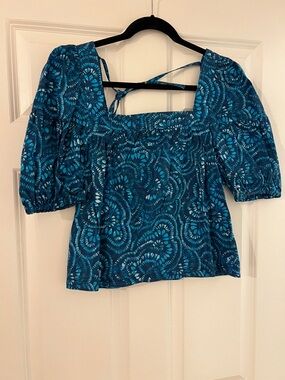 Marie Oliver Teal Blue Printed Square-Neck Top